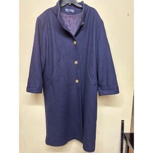 Vintage Herman Kay Navy Wool Blend Long Coat Womens Button Front Lined Timeless